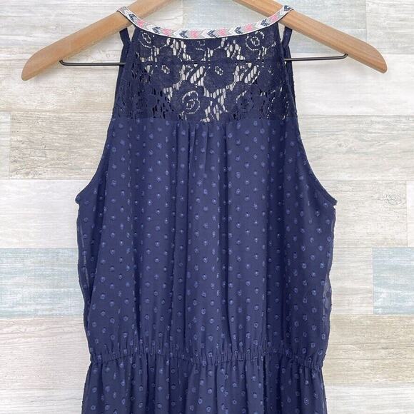 Daniel Rainn Swiss Dot Lace Embroidered Halter Maxi Dress Blue Womens Small - Picture 5 of 8